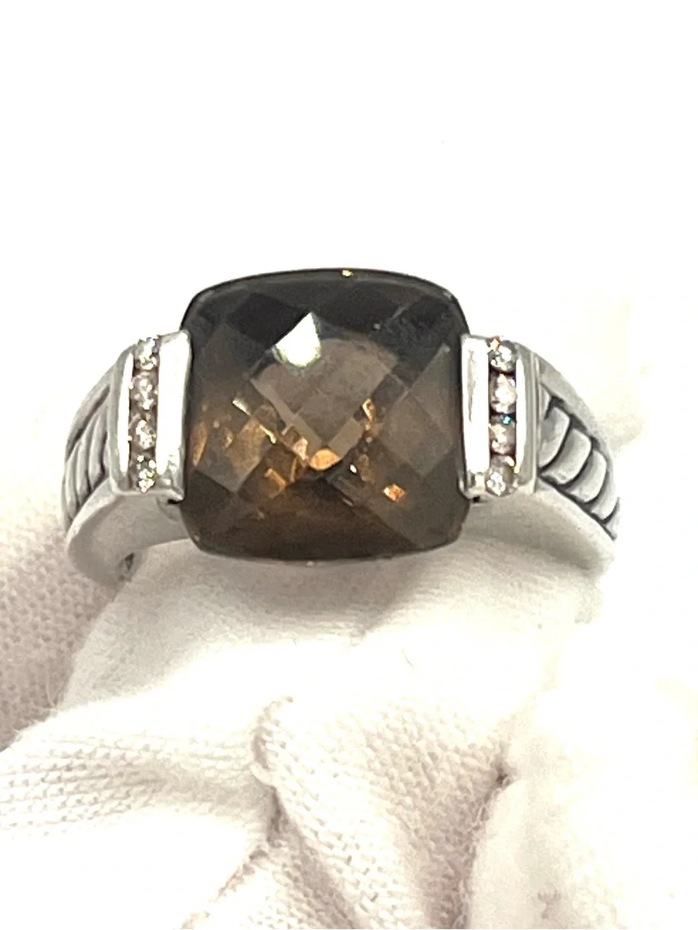 David Yurman Smoky Quartz Cushion-Cut with Diamond Sterling Silver Ring - size 6